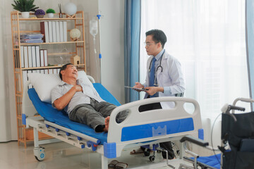 Elderly male patient consults a cardiologist after experiencing chest pain, seeking diagnosis and...