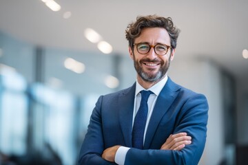 Fototapeta premium Confident Professional Businessman in Blue Suit with Glasses and Beard – Corporate Portrait in Bright Modern Office, Natural Lighting, Leadership Image, High Resolution, Sharp Focus Stock Photo