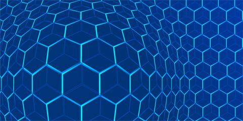 Selective focus photo. Close up picture of geometrical neon blue hexagon background