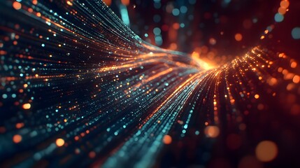 Abstract data stream visualization with glowing light trails and bokeh effect