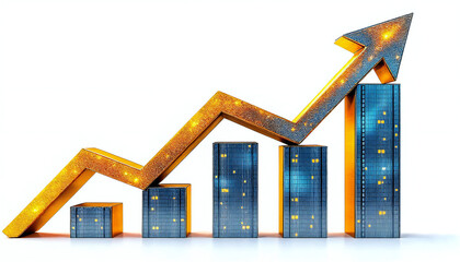 An upward arrow soaring above data bars, symbolizing growth, progress, and success in a modern, dynamic design.