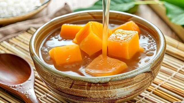 Enjoy a flavorful dessert featuring tender pumpkin cubes soaked in a sweet syrup, artfully presented on a woven mat