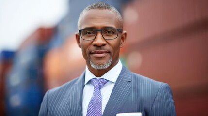 Confident business professional standing against an industrial backdrop showcasing successful leadership style dedication and ambition in a modern corporate environment with strong visual