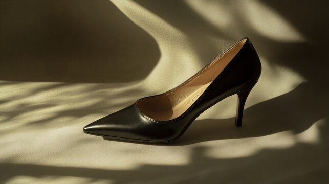 Elegant black pump shoe on a light beige background