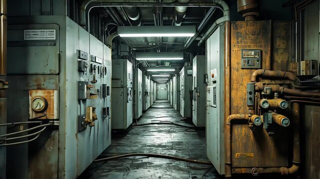 Long industrial hallway with aged control panels, overhead piping, and worn flooring under fluorescent lighting in a mechanical facility

