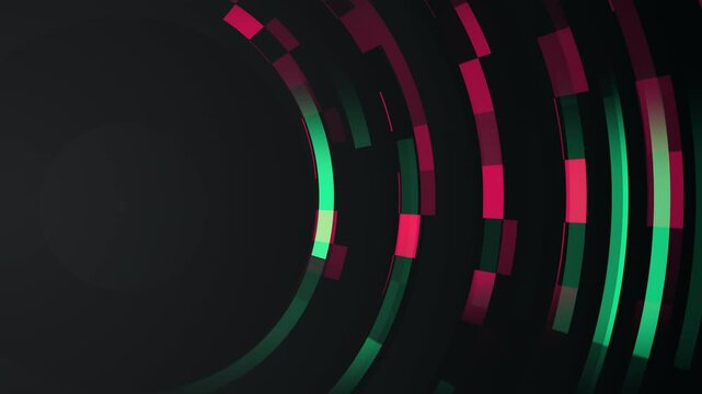 4k black gradient with red green stripes seamless looped animated background. 3d circle rings minimal animation with halftone dots pattern. Blank elegant universal frame. Digital soft geometric lines