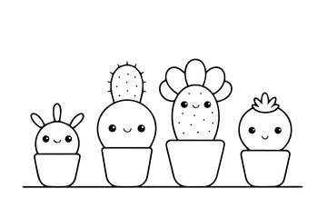 Cute Kawaii Cactus Coloring Pages | Fun Hand-Drawn Flowerpot Set for All Ages
