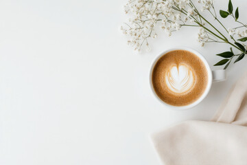 Cappuccino with latte art heart and gypsophila flowers creating cozy atmosphere