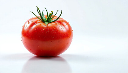A close-up shot of a vibrant red tomato, with water droplets on its surface, perfectly ripe and bursting with freshness. Evoking culinary delights and healthy eating.