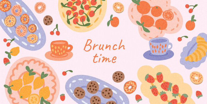 Brunch food and drinks on pastel background. Cherry tart, croissant, lemon and strawberry, cookies, cups, orange slices. Summer flat design for cafe menu, social media, posters.