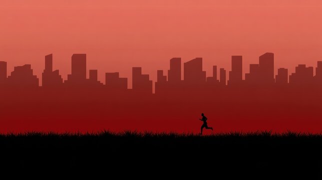 A silhouette of a runner against a vibrant red and black city skyline at dusk, perfect for health, fitness, or motivation themes in advertisements, posters, and websites,