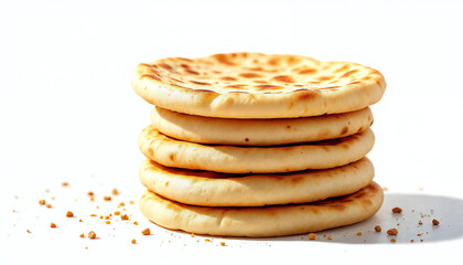 A stack of six freshly baked pita breads, golden brown and slightly charred, sits on a white background, with a scattering of crumbs around the base.