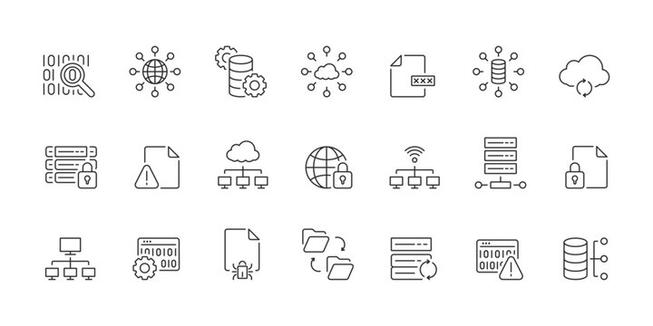 This versatile line icon collection represents digital data concepts like research, optimization, networking, and protection, making it perfect for web and graphic design projects. Editable stroke