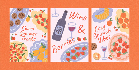 Fototapeta premium Set of summer brunch posters with wine, cookies, croissant, cherry tart, strawberry, citrus fruits on pastel background. Sweet picnic drinks and desserts. Flat vector illustration.