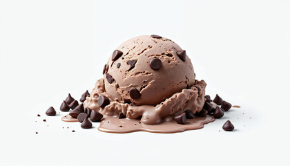 A delectable scoop of chocolate ice cream, adorned with rich chocolate chips, melting into a tempting treat.