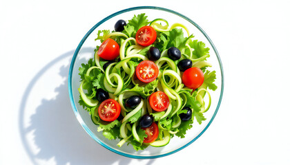A vibrant and refreshing salad, showcasing the beauty of fresh vegetables and healthy eating. A bowl of colorful salad with fresh vegetables and ingredients in close-up perspective.