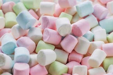 Colorful marshmallow laid out on pastel background copy space