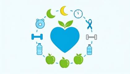 Health info tips concept. Wellness concept featuring lifestyle icons and a heart symbol.