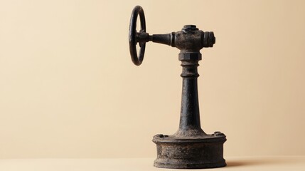 Vintage industrial valve.  A weathered, dark metal valve with a steering wheel-like handle stands on a beige background