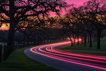 Fototapeta premium Scenic winding road illuminated by vibrant light trails at sunset, surrounded by lush trees and a colorful sky, creating a serene and dynamic atmosphere for travel photography