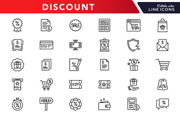 Discount line icons set. Shopping, offer, price, off, tag, buy, shop, e-commerce, business, and online shopping outline linear icon collection. Vector thin icon pack