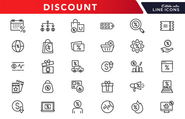 Discount line icons set. Shopping, offer, price, off, tag, buy, shop, e-commerce, business, and online shopping outline linear icon collection. Vector thin icon pack