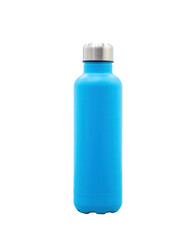 Blue stainless steel insulated water bottle with silver cap, reusable eco-friendly design, isolated on transparent background, hydration for outdoor sports, travel, and everyday use