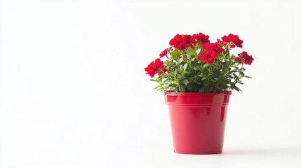 Artistic photo of a red pot with bright red flowers blooming, isolated perfectly on a stark white backdrop