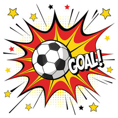 Illustrate a vibrant, comic-style explosion surrounding a soccer player celebrating a goal, emphasizing dynamic action and exaggerated expressions.