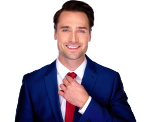 Confident businessman adjusting red tie on transparent background, professional leadership, corporate success, career growth, executive presence, modern business mindset