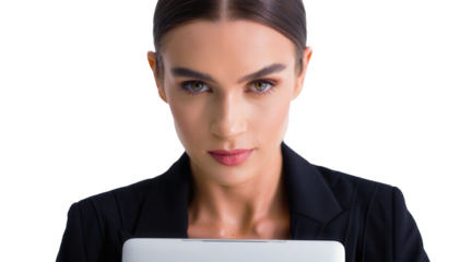 Confident businesswoman in professional black suit holding laptop, focused expression, isolated on transparent background