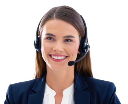 Smiling customer support representative wearing headset, professional communication, isolated on transparent background, providing excellent service and support