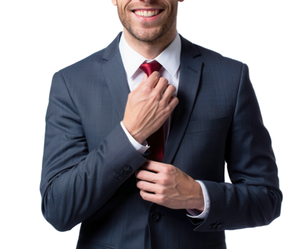 Confident businessman adjusting red tie, professional attire, corporate style, business preparation, self-assurance, isolated on transparent background