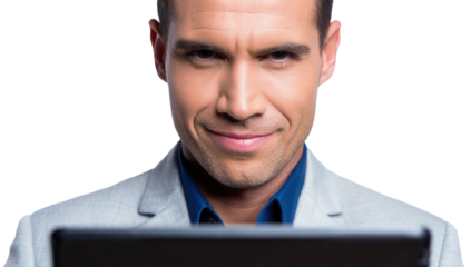 Confident businessman in light gray blazer looking at digital tablet, focused expression, modern technology, professional communication, workplace innovation, isolated on transparent background