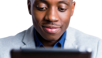 Business professional in light gray blazer using digital tablet, confident businessman, modern technology, work communication, professional focus, isolated on transparent background