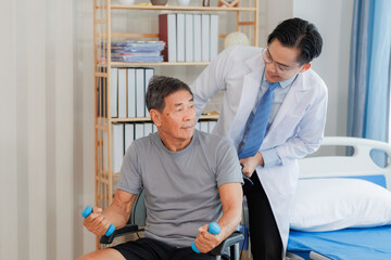 Patient with weak arm muscles doing light dumbbell exercises during physical therapy to regain strength and support physical recovery.