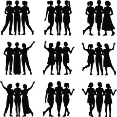 Women Group Silhouette Set | Female Team Poses Vector Collection Ladies Standing Together Silhouettes | Woman Group Icon Pack