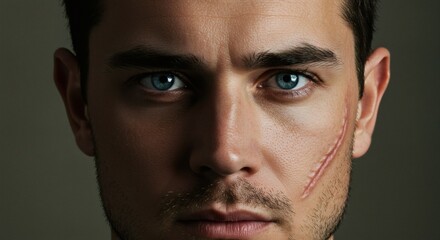 Obraz premium A close-up portrait showcases a man's face, highlighting his striking blue eyes and a prominent scar.
