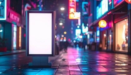 Obraz premium White Billboard in City - Billboard near Road in Metropolis - Highway Ad Background for Mockup and Placement for Advertisement - Blank Poster Whitebox Template - Cyberpunk, 80's, Neon, Vaporwave