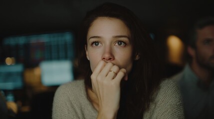 A Female Trader Anxiously Biting Her Nails During a Stock Market Drop in a Dark Trading Environment Captured in High Detail