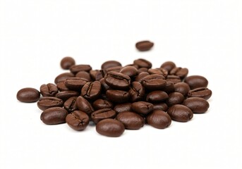Obraz premium A tightly framed shot of a small pile of dark roasted coffee beans scattered on a stark white background.