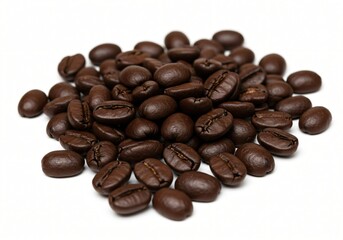 Obraz premium A tightly framed shot of a small pile of dark roasted coffee beans scattered on a stark white background.