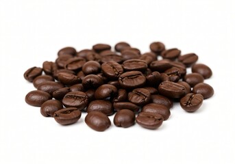 A tightly framed shot of a small pile of dark roasted coffee beans scattered on a stark white background.