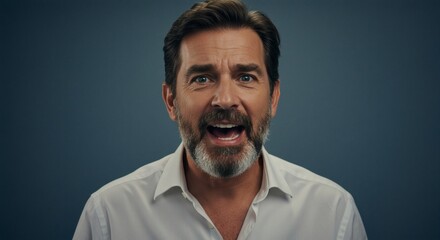 Fototapeta premium Portrait of a man expressing surprise with an open mouth and gray beard against a blue backdrop.