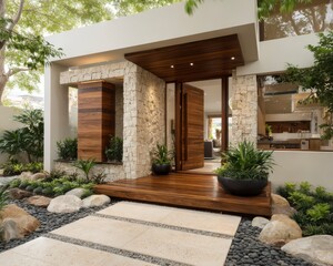 Inviting Modern House Entrance with Wooden Gate and Stone Pathway