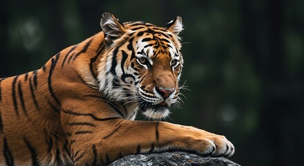 Fototapeta premium Resting Tiger Portrait on Rock with Natural Dark Green Background