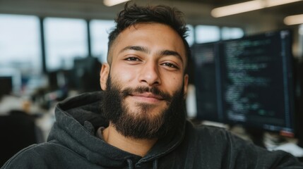 Obraz premium Young South Asian Man Working Collaboratively on Code in Modern Office Environment with Computer Screens Displaying Programming Text