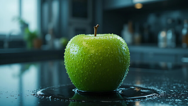 hd Closeup of a Green Apple Covered in Water Droplets on a Dark Surface