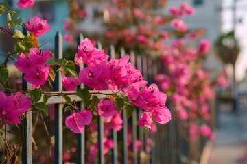 Vibrant Pink Bougainvillea Vines on Metal Fence in Soft Light