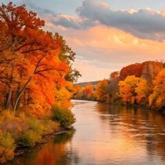 Obraz premium Panoramic Landscape At Autumn With Tree And Mountan Red Autumn In The Park.